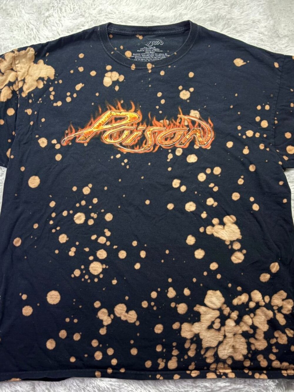 Poison Band Flame Logo Bleach Dye Splatter Shirt XL Custom Grunge Distressed